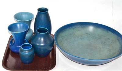 Lot 702 - Five Royal Lancastrian blue motel glazed vases of assorted sizes and a large Royal Lancastrian...