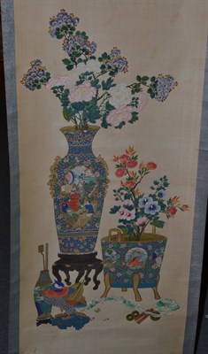 Lot 716 - A Chinese watercolour scroll depicting still life of polychrome decorated vases and flowers