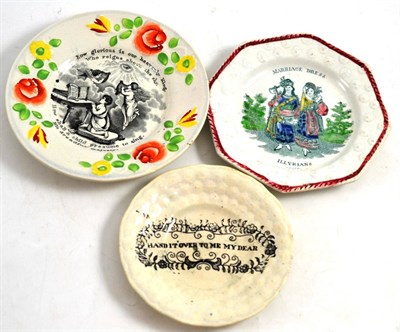 Lot 722 - Three 19th century nursery plates ";HAND IT OVER TO ME MY DEAR";, ";MARRIAGE DRESS ILLYRIANS";...