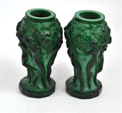 Lot 734 - A pair of Czechoslovakian malachite figural vases, moulded with a grape harvest, 13.5cm  (This...