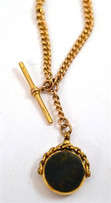 Lot 739 - A 9ct gold watch chain with attached blood stone set swivel fob, links stamped 375