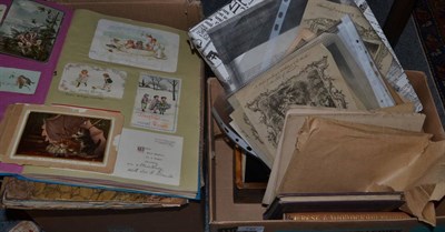 Lot 742 - Two boxes containing Victorian and later greetings cards, topographical prints, photographs,...