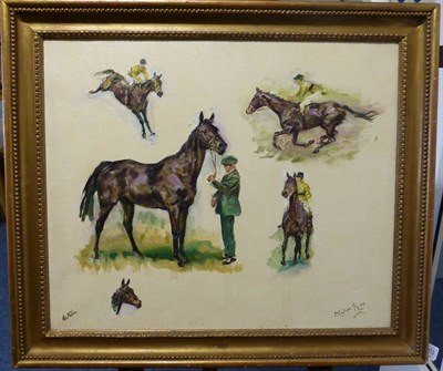 Lot 1003 - Michael Lyne (1912-1989) Study of horses and jockeys, signed, oil on canvas, 49m by 59cm