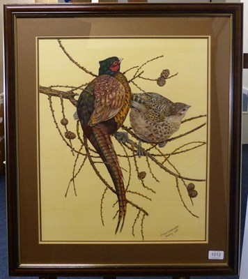 Lot 1012 - Richard Whittlestone (Contemporary) A cock and hen pheasant seated on a branch, signed and...