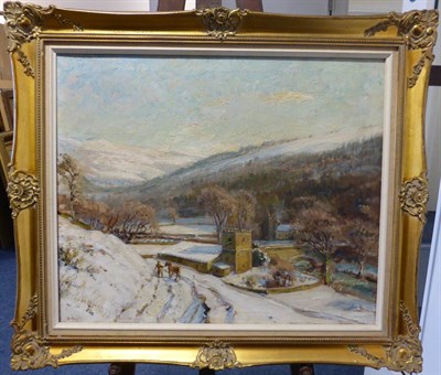 Lot 1013 - Herbert Royle (1870-1958) A figure leading a horse in the snow before Hubberholme church,...