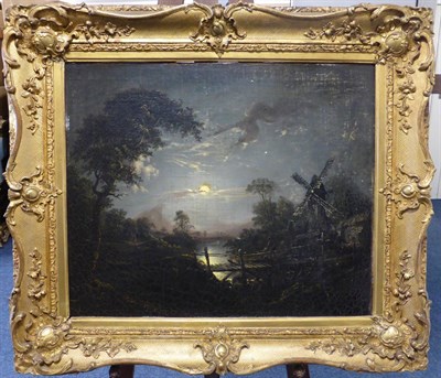 Lot 1017 - Follower of Abraham Pether (1756-1812) Moonlit landscape with windmill, oil on canvas, 48cm by...