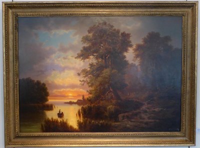 Lot 1018 - Riegez (19th/20th century) A figure punting in a river landscape at sunset, signed, oil on...