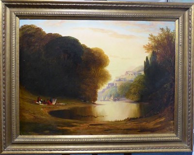 Lot 1020 - Circle of James Baker Pyne (1800-1870), Figures at rest beside a lake with Classical buildings...