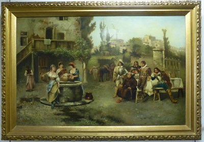 Lot 1024 - F Bach (19th century) Mediterranean women gathering water from a fountain with seated cavaliers...