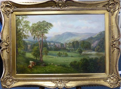 Lot 1026 - Attributed to Albert Goodwin (1845-1932) Cattle grazing before Bolton Abbey, initialled and...