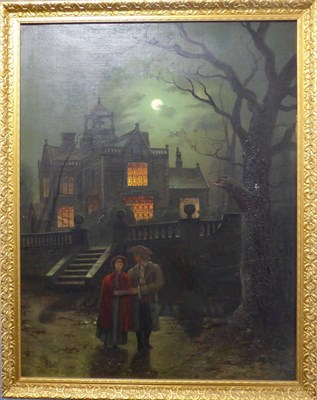 Lot 1033 - Wilfred Jenkins (1857-1936) Figures before a manor house by moonlight, signed, oil on canvas,...