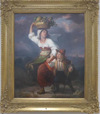 Lot 1035 - Giuseppe Mazzolini (1806-1876) Italian, A mother and child with a basket of fruit fleeing from...