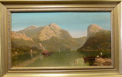 Lot 1038 - George Pettitt (1831-1863) Figures on a quayside with other figures boating in a lakeland...