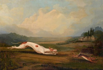 Lot 1050 - British School (early 19th century), A greyhound chasing a hare in a landscape, oil on canvas,...