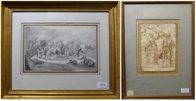 Lot 1054 - Attributed to Hendrik Verschunng (1627-1690) A Skirmish, monochrome wash, together with a...