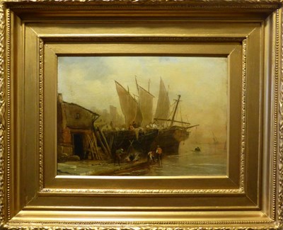 Lot 1056 - East Anglian School (late 19th century) Figures on a docked boat with a townscape beyond, oil...