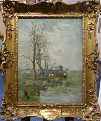 Lot 1057 - George Banks (ex.1909) Cattle grazing in a landscape, signed, oil on canvas, 41.5cm by 31.5cm