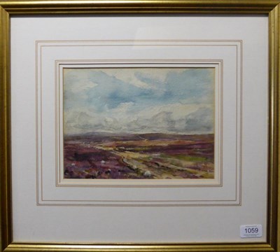 Lot 1059 - Rowland Henry Hill (1873-1952) Sheep grazing amongst heather on the North Yorkshire Moors,...