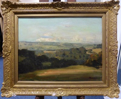 Lot 1066 - Attributed to Reginald Grange Brundrit RA, ROI (1883-1960) An extensive Wharfedale landscape, bears