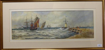 Lot 1067 - Attributed to Thomas Bush Hardy (1842-1897) Shipping vessels off a pier, signed and dated 1891,...