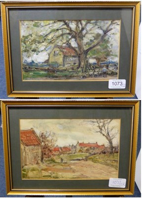 Lot 1073 - Rowland Henry Hill (1873-1952) A figure at the foot of a village bridge, signed and dated 1916,...