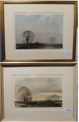 Lot 1078 - Rowland Hilder PRI, RSMA (1905-1993) ";Winter Evening Twinstead";; An open landscape with...