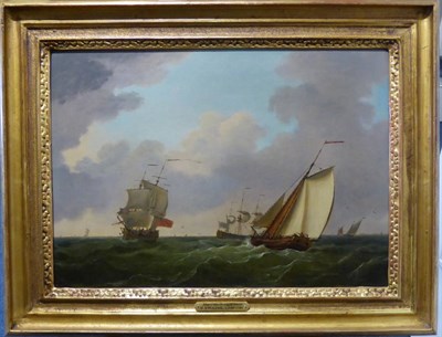 Lot 1082 - Attributed to Francis Swaine (c.1720-1782) ";Men O War in a Light Breeze";, signed, oil on...