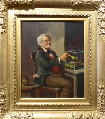 Lot 1092 - A * Austen (fl.1900-1910) Feeding a canary, signed, oil on canvas 28.5cm by 23.5cm