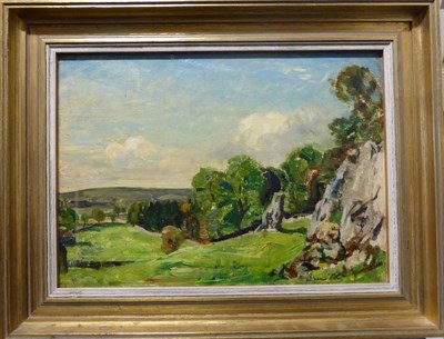 Lot 1095 - Reginald Grange Brundrit RA, ROI (1883-1960) ";Wharfedale";, signed, oil on canvas board, 24.5cm by