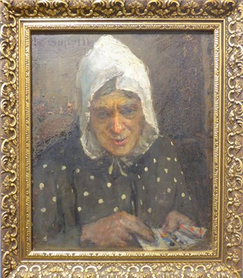 Lot 1096 - James Elder Christie (1847-1914) A head and shoulders portrait of an elderly lady holding a pack of