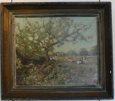 Lot 1102 - Kennedy (19th/20th century) Out in the Fields, monogrammed, oil on canvas, 49cm by 59cm