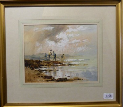 Lot 1108 - Robert Leslie Howey (1900-1981) Children playing on the shoreline, signed in pencil and dated...