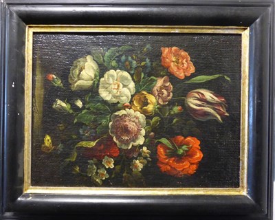 Lot 1112 - Follower of Peter Hardime (1677-1758) A still life of assorted flowers with a butterfly, oil on...