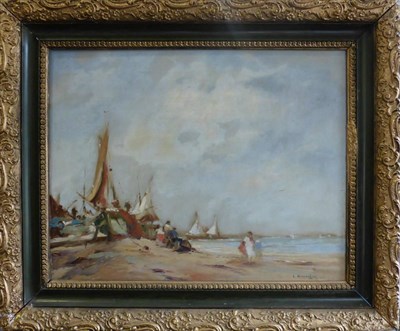 Lot 1120 - C Horwood (20th century) Beached boats and figures upon a shore, signed, oil on board, 38cm by 49cm