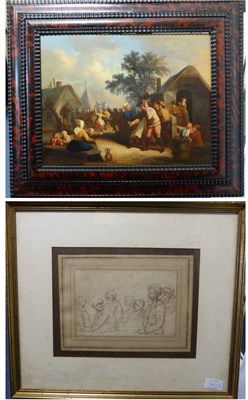 Lot 1121 - Follower of Teniers (1610-1690) Village scene with figures merry making outside a tavern, oil...