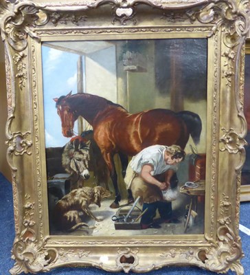 Lot 1144 - After J.F Herring (19th century) A blacksmith shoeing a horse in his forge with a donkey and...