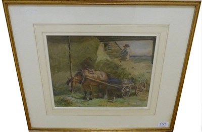 Lot 1147 - John Atkinson (1863-1924) A horse and hay cart with figures building the stack, signed,...