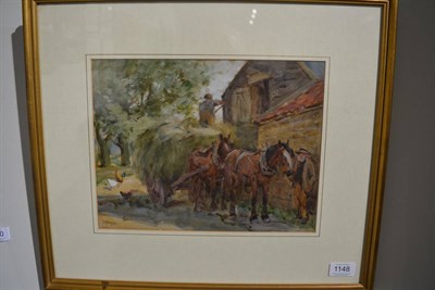 Lot 1148 - John Atkinson (1863-1924) Haycart outside farm buildings with figures, signed, watercolour,...