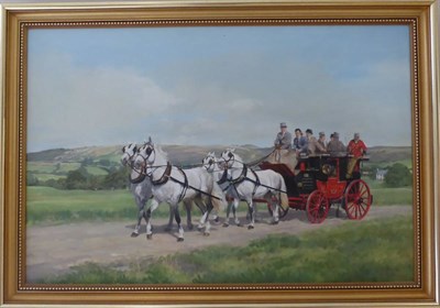 Lot 1163 - Ruth Gibbons (20th century) The Stamford to Doncaster Coach, signed, oil on canvas, 49.5cm by 74cm