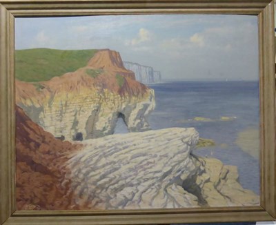 Lot 1172 - Walter Goodin (1907-1992) Figures on a cliff side looking out to sea, signed and dated 1953, oil on