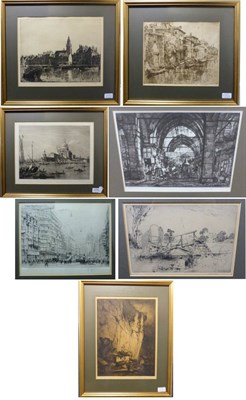 Lot 1178 - Sir Frank William Brangwyn RA, RWS, PRBA, RE, HRSA (1867-1956) Figures on a track before houses and