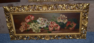 Lot 1214 - Thomas Frederick Collier (C.1828-1885) Still life Geraniums, signed oil on canvas, 19cm by 59cm