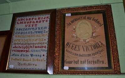 Lot 1219 - Two 19th century alphabet samplers and a framed picture in memory of Queen Victoria