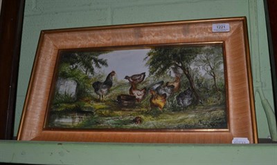 Lot 1221 - Framed French pottery plaque painted with poultry, signed and dated 1878