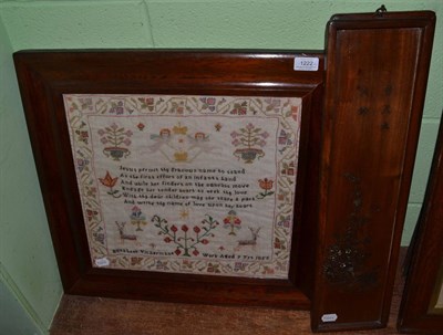 Lot 1222 - A 19th century rosewood framed sampler by Elizabeth Vickermans, aged 9 years, 1855, together with a