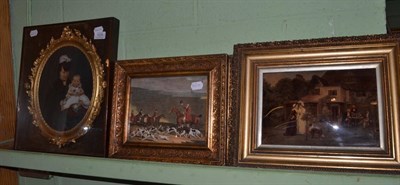 Lot 1229 - Four framed oval silhouette portraits, gilt framed crystoleum depicting figures in a country house