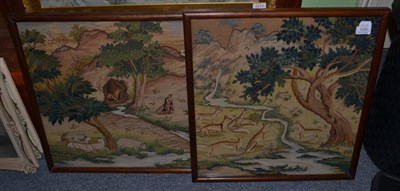 Lot 1230 - Two early 19th century gros and petit point woolwork pictures - animals in landscapes, 50cm by 47cm