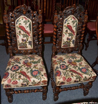 Lot 1318 - Pair of Victorian carved oak dining chairs, later recovered