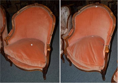 Lot 1322 - Pair of walnut reproduction marquises in Louis XV style, in apricot velvet, with squabs