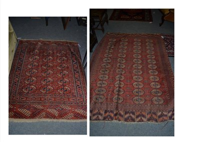 Lot 1335 - Tekke rug, Emirate of Bukhara, the madder field with rows of quartered guls enclosed by...